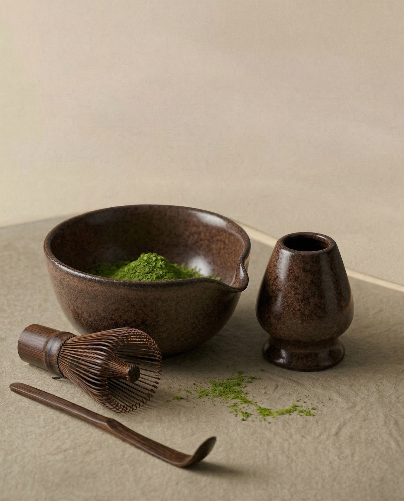 Kahverengi matcha seti, bambu çırpıcı ve matcha tozuyla